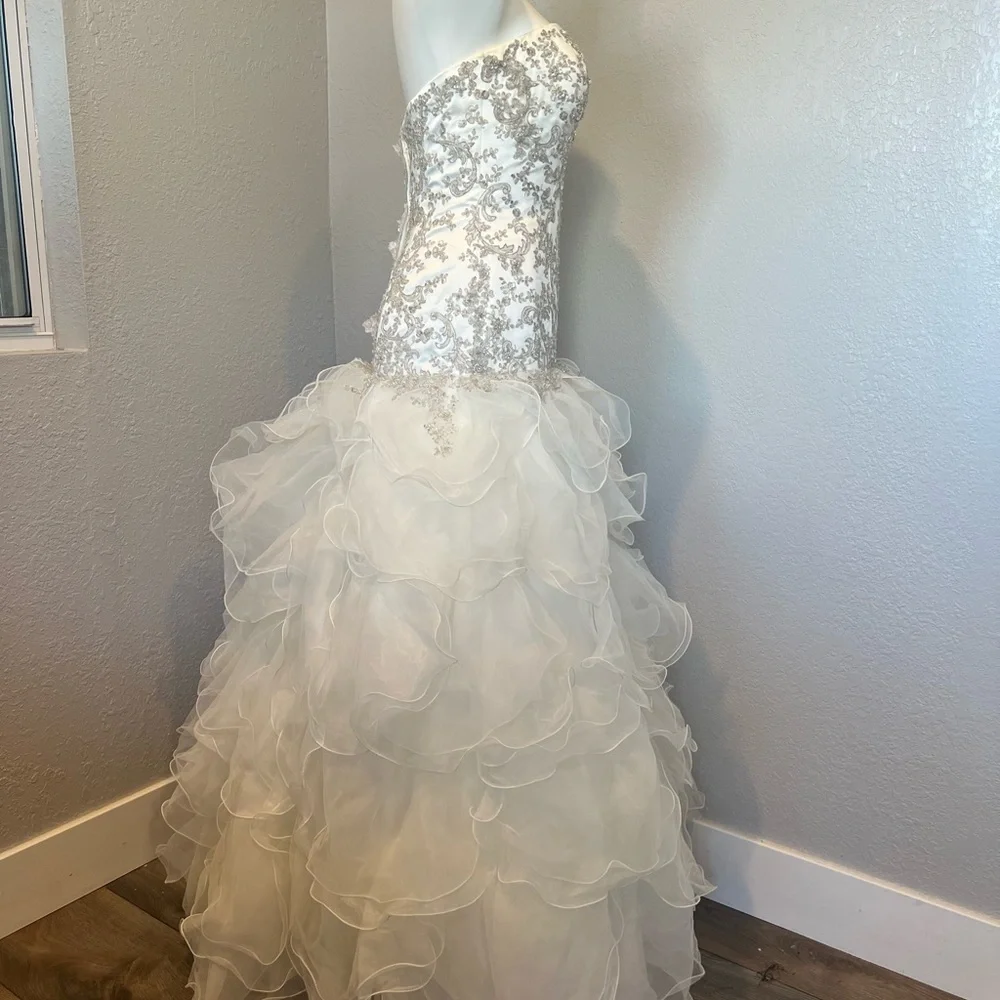 Oleg Cassini Organza Drop Waist Beaded Wedding Dress - Picture 7 of 12